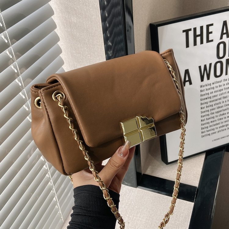 PU Shoulder Bag with Lock Closure and Stitching Detail - Beige,Black,Yellow,Brown - One Size - Image 4