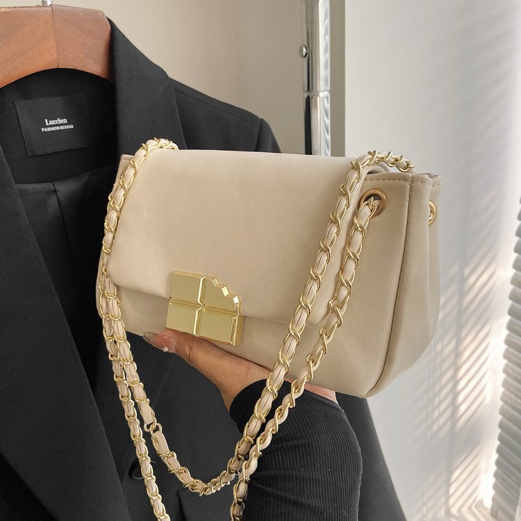 PU Shoulder Bag with Lock Closure and Stitching Detail - Beige,Black,Yellow,Brown - One Size - Image 3