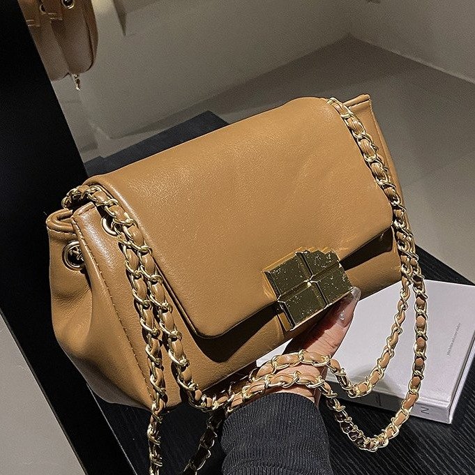 PU Shoulder Bag with Lock Closure and Stitching Detail - Beige,Black,Yellow,Brown - One Size