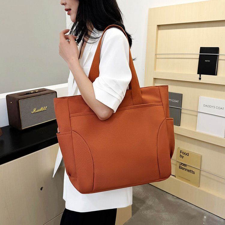 Red Brown Composite Fabric Tote Bag with Zipper and Stitching Detail