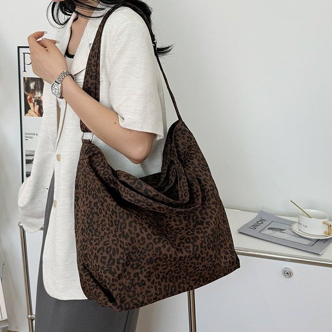 Leopard Print Canvas Tote Bag with Zipper - Shoulder Crossbody Handbag - Image 4