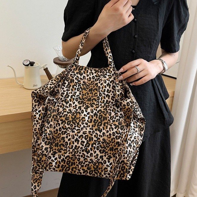 Leopard Print Canvas Tote Bag with Zipper - Shoulder Crossbody Handbag