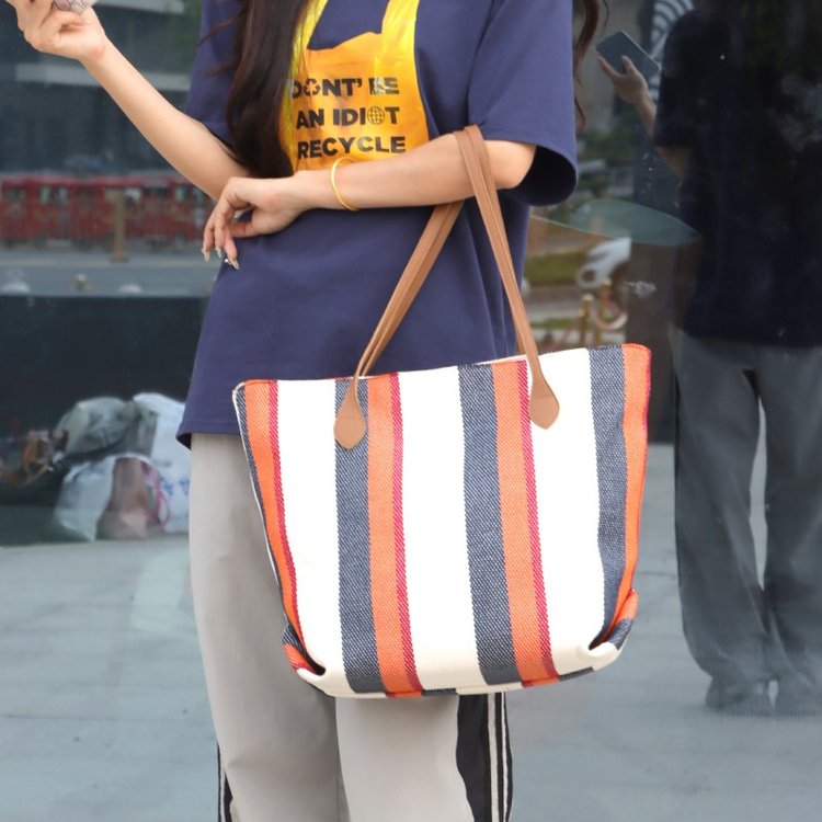 Cotton Linen Tote Bag with Zipper and Color Block Design - Summer 2024 - Image 3