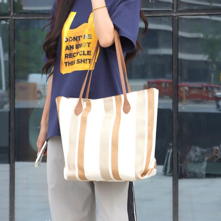 Cotton Linen Tote Bag with Zipper and Color Block Design - Summer 2024