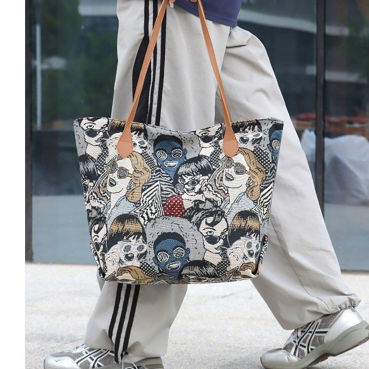 Cotton Linen Tote Bag with Zipper Color Block Summer 2024 Handbag Shoulder Bag One Size