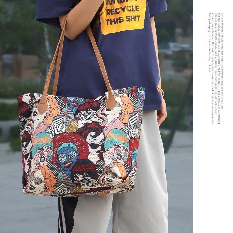 Cotton Linen Tote Bag with Zipper Color Block Summer 2024 Handbag Shoulder Bag One Size - Image 2