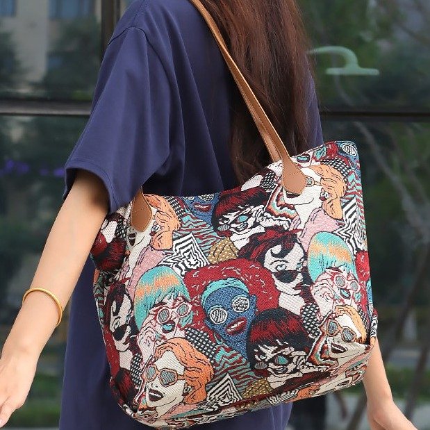 Cotton Linen Tote Bag with Zipper Color Block Summer 2024 Handbag Shoulder Bag One Size - Image 4