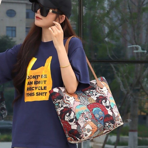 Cotton Linen Tote Bag with Zipper Color Block Summer 2024 Handbag Shoulder Bag One Size - Image 3