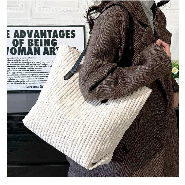Cotton Tote Shoulder Bag with Zipper and Stitching - Image 3