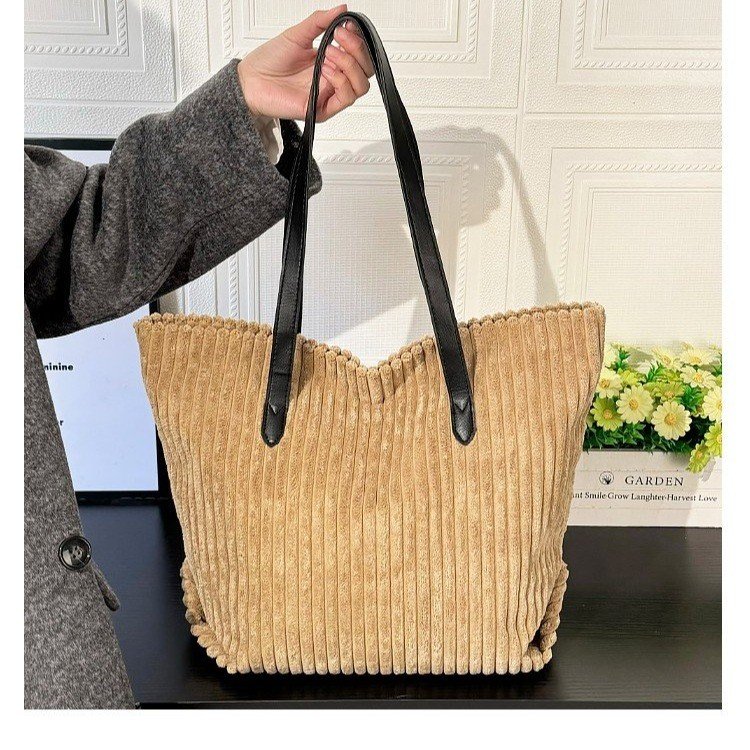 Cotton Tote Shoulder Bag with Zipper and Stitching