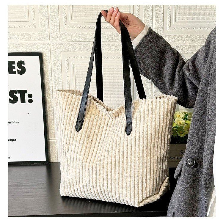 Cotton Tote Shoulder Bag with Zipper and Stitching - Image 2