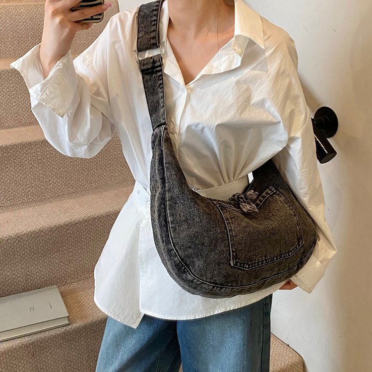 Denim Crossbody Dumpling Bag with Zipper - Summer 2025 - Image 4