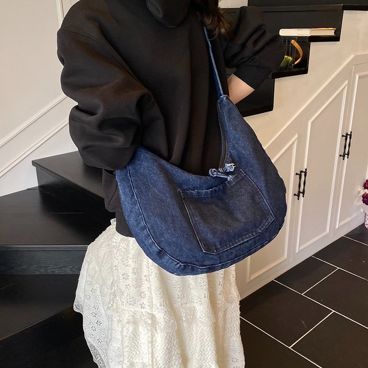 Denim Crossbody Dumpling Bag with Zipper - Summer 2025 - Image 2
