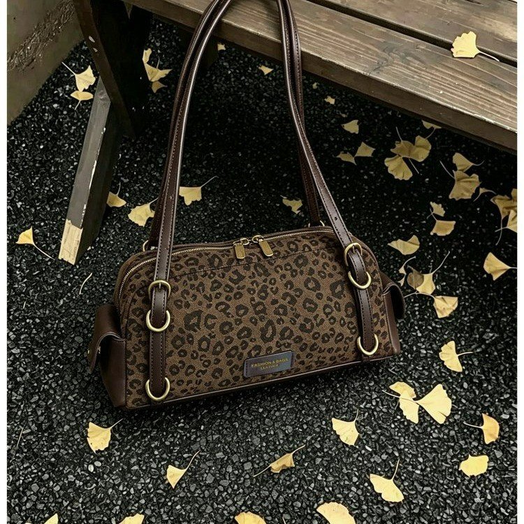 Leopard Print Underarm Shoulder Bag with Zipper and Patchwork - Image 3